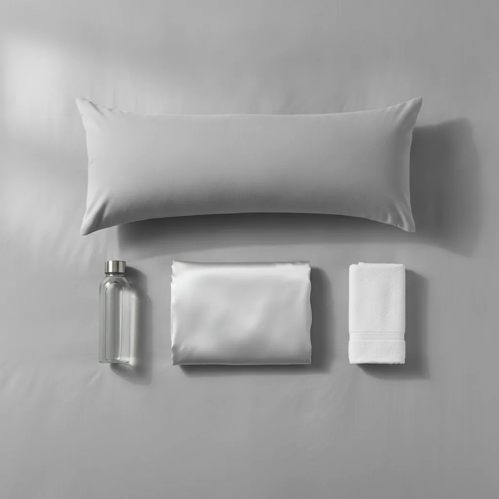Pillow humping setup checklist: a body pillow, satin pillowcase, towel, and water.