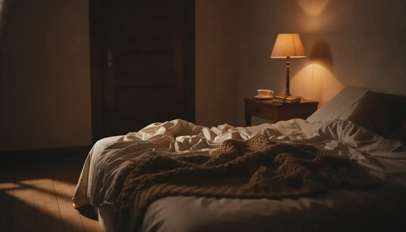 A dimly lit bedroom at night with rumpled sheets and a single bedside lamp, no people visible