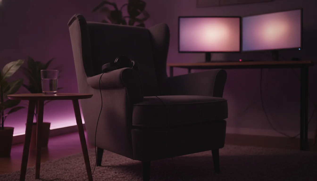 The edging and gooning dictionary, a dim room lit by soft glowing screens