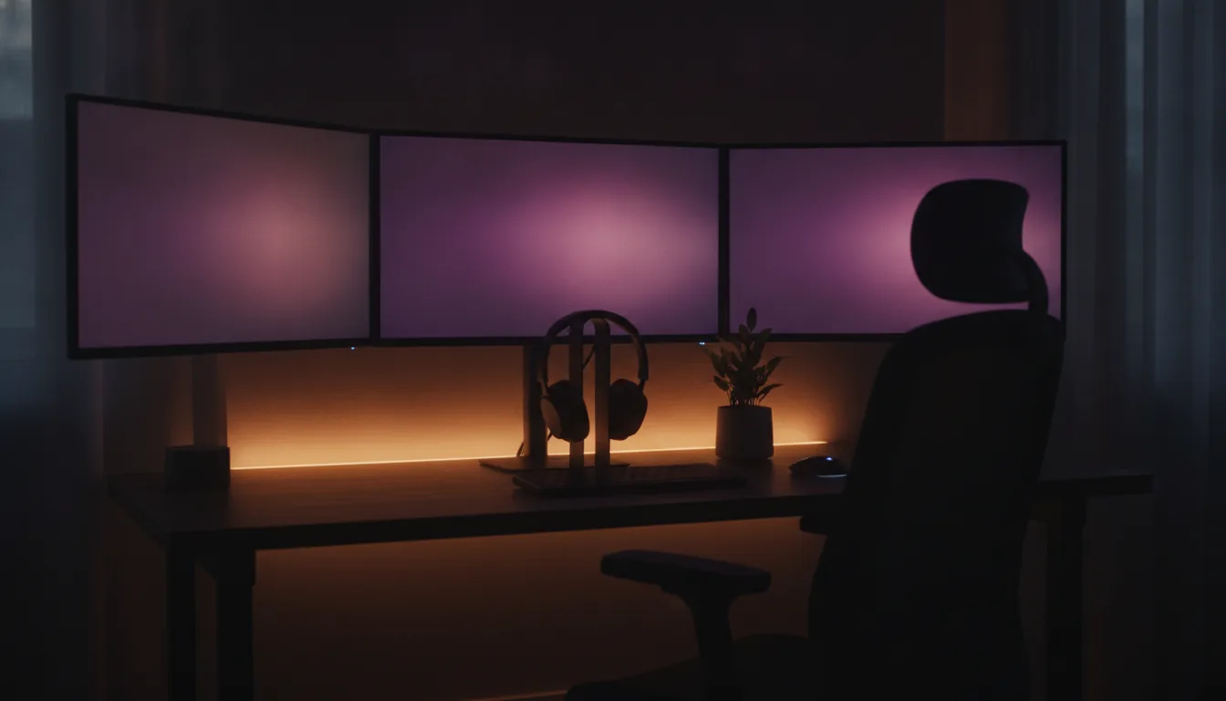 A goon cave setup, a dark desk with three glowing monitors and headphones