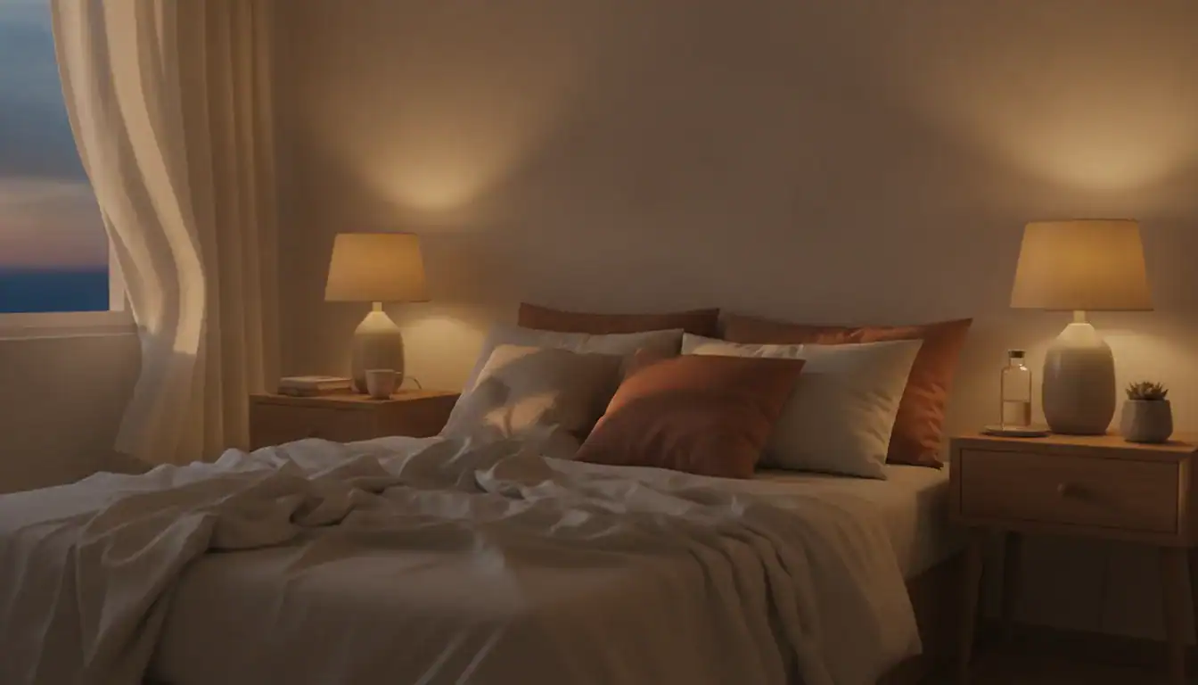 A softly lit bedroom at dusk with two nightstands and warm lamp light, symbolizing a relationship at a quiet turning point
