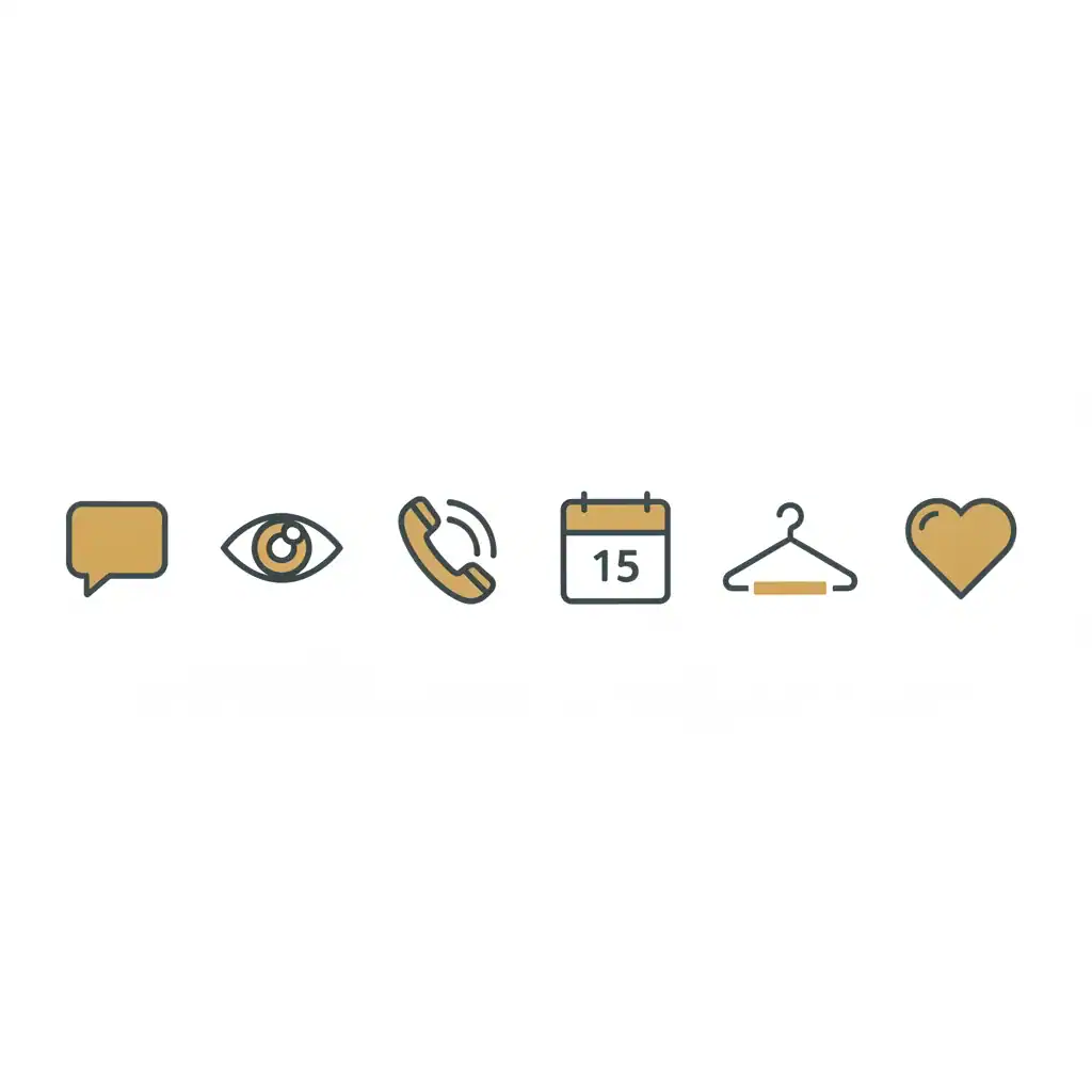 Six simple line icons for a speech bubble, an eye, a phone, a calendar, a hanger, and a heart, representing the six categories of signs in this guide