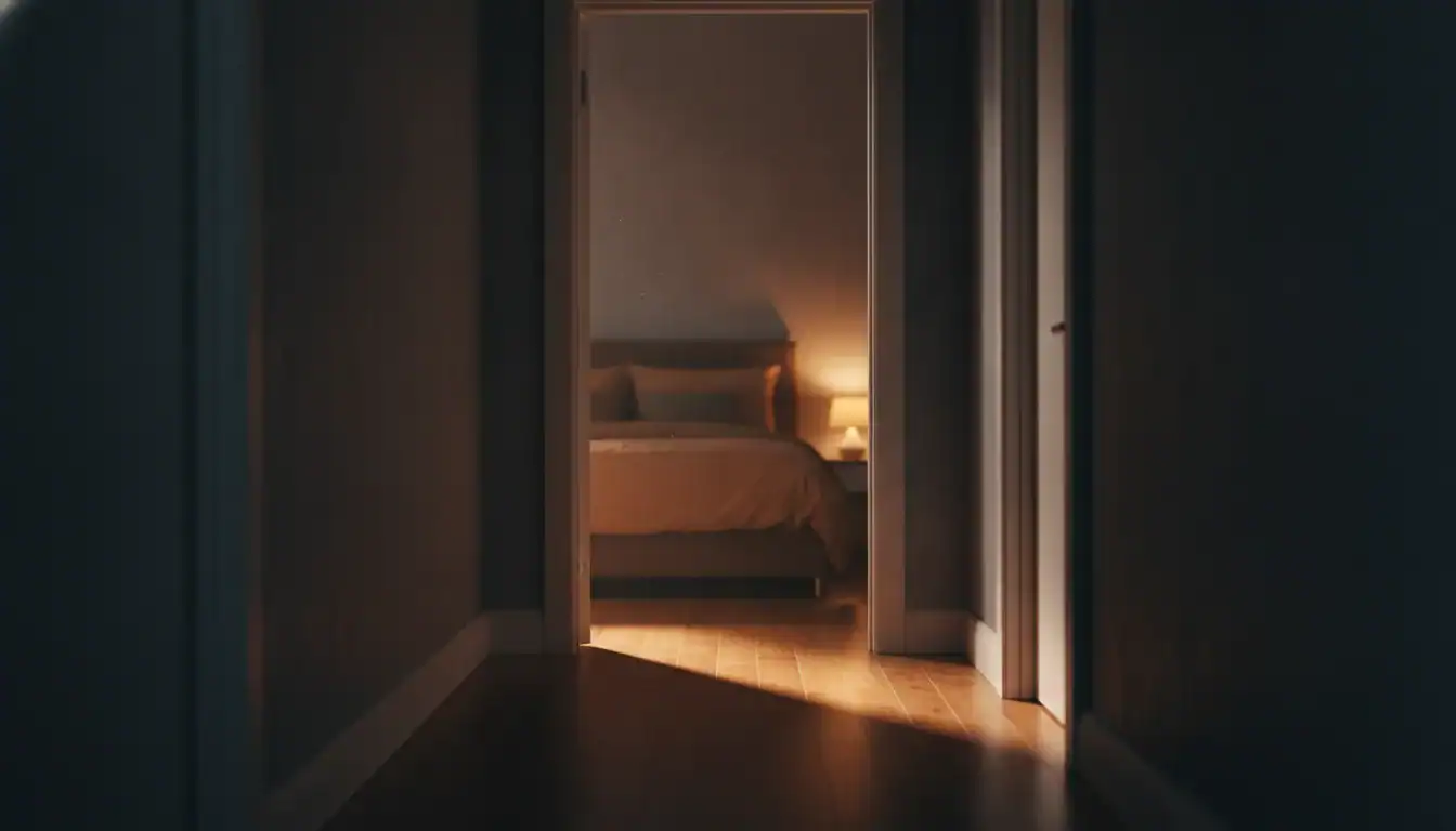 Warmly lit bedroom seen through an open door, inviting and intimate atmosphere.
