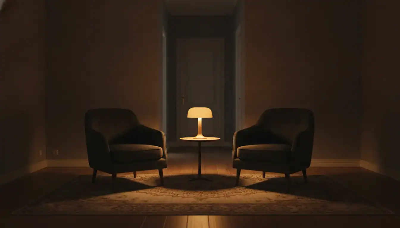 A quiet room at night, representing the post nut clarity comedown in a cuckold relationship.